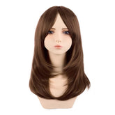 Shoulder Length Layered Curtain Bangs Wavy Wig Chocolate Brown